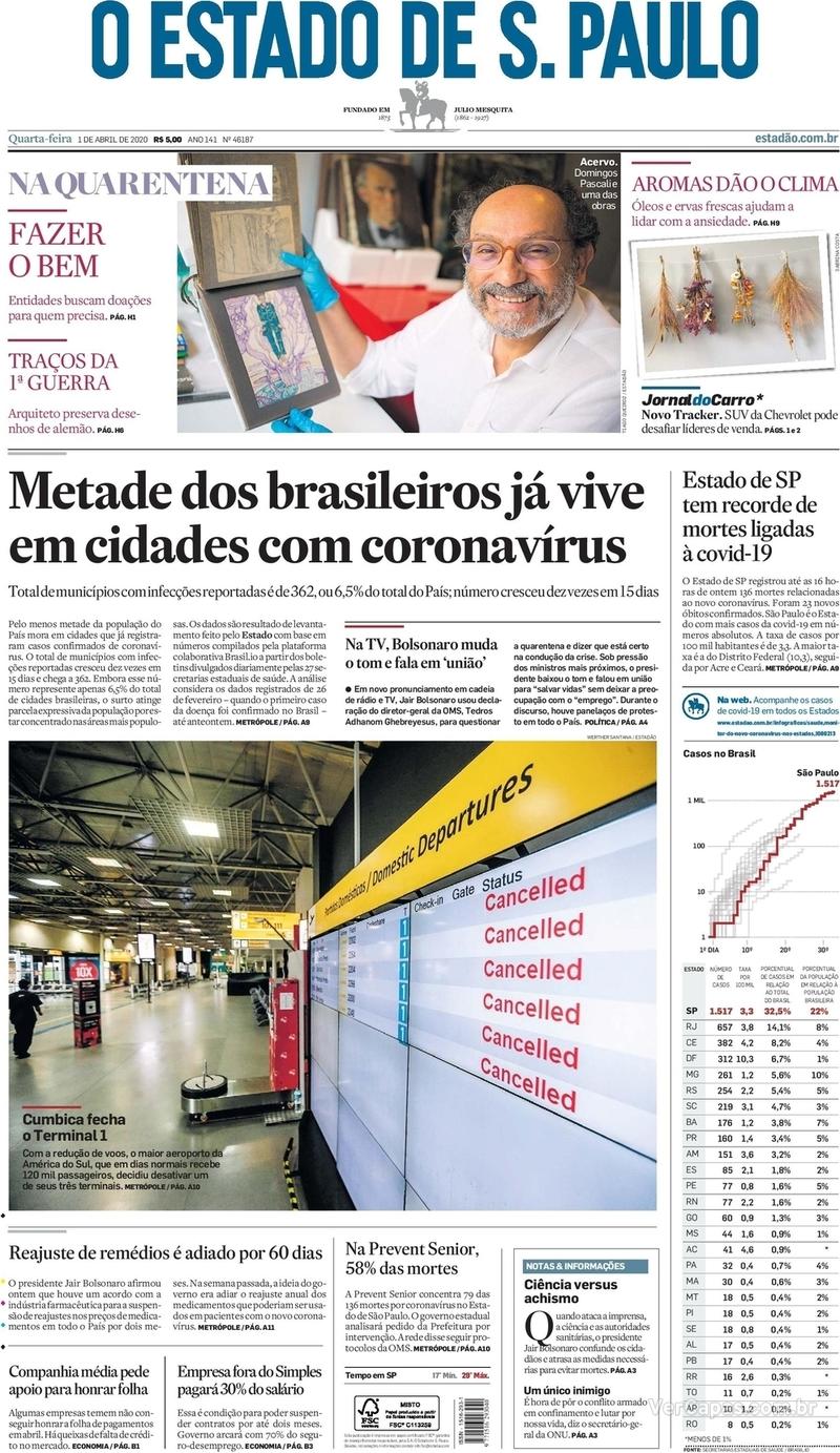 Capa do jornal O Estado de Sao Paulo 01/04/2020