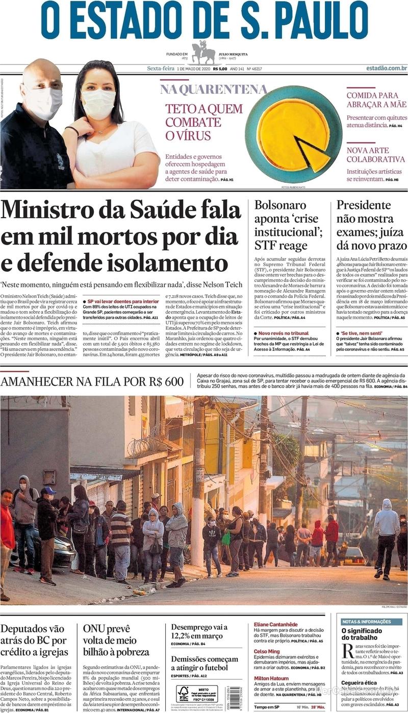 Capa do jornal O Estado de Sao Paulo 01/05/2020