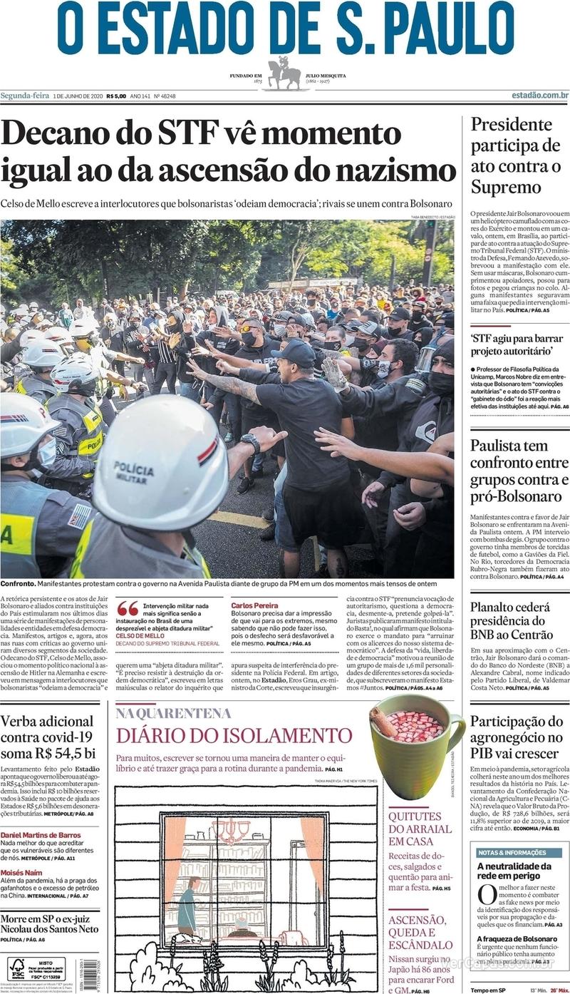Capa do jornal O Estado de Sao Paulo 01/06/2020