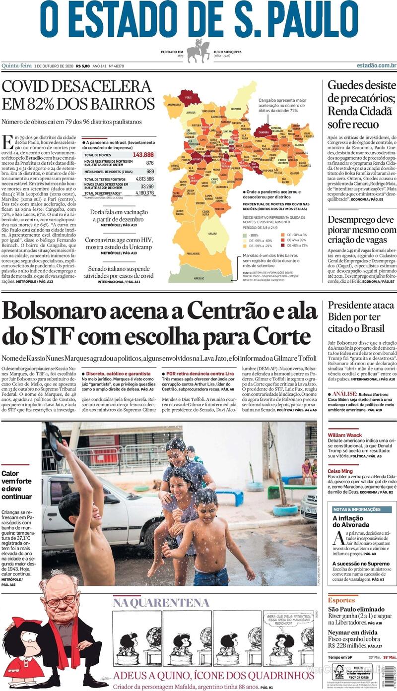 Capa do jornal O Estado de Sao Paulo 01/10/2020
