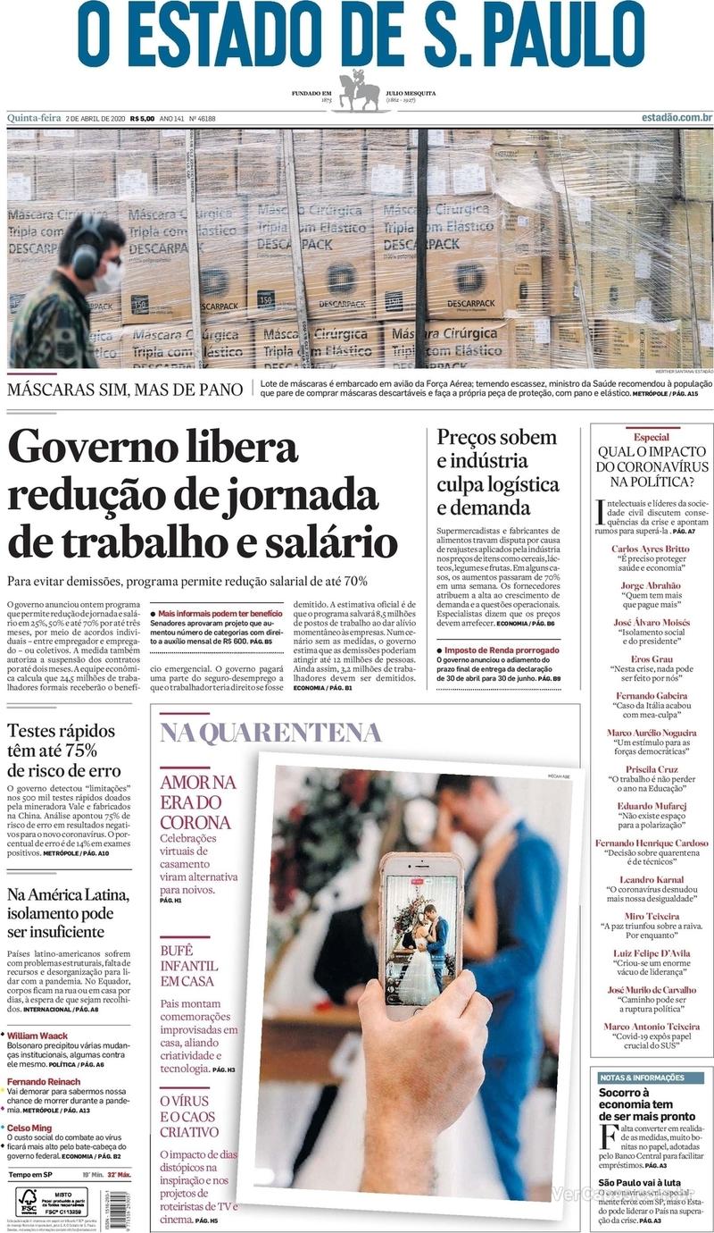 Capa do jornal O Estado de Sao Paulo 02/04/2020
