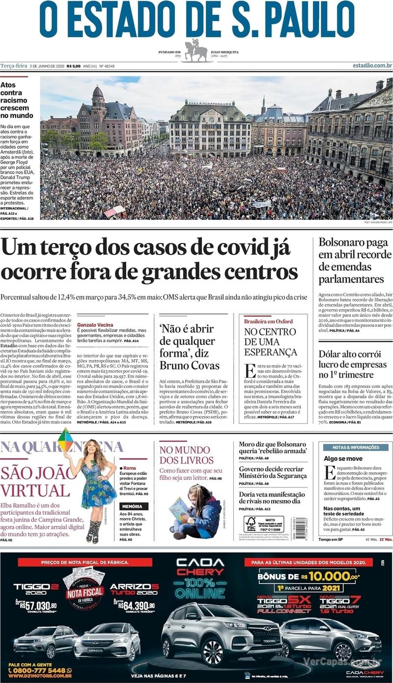 Capa do jornal O Estado de Sao Paulo 02/06/2020