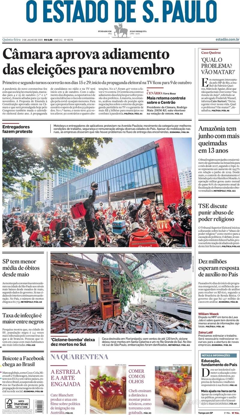 Capa do jornal O Estado de Sao Paulo 02/07/2020
