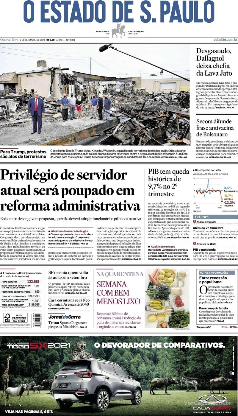 Capa do jornal O Estado de Sao Paulo 02/09/2020