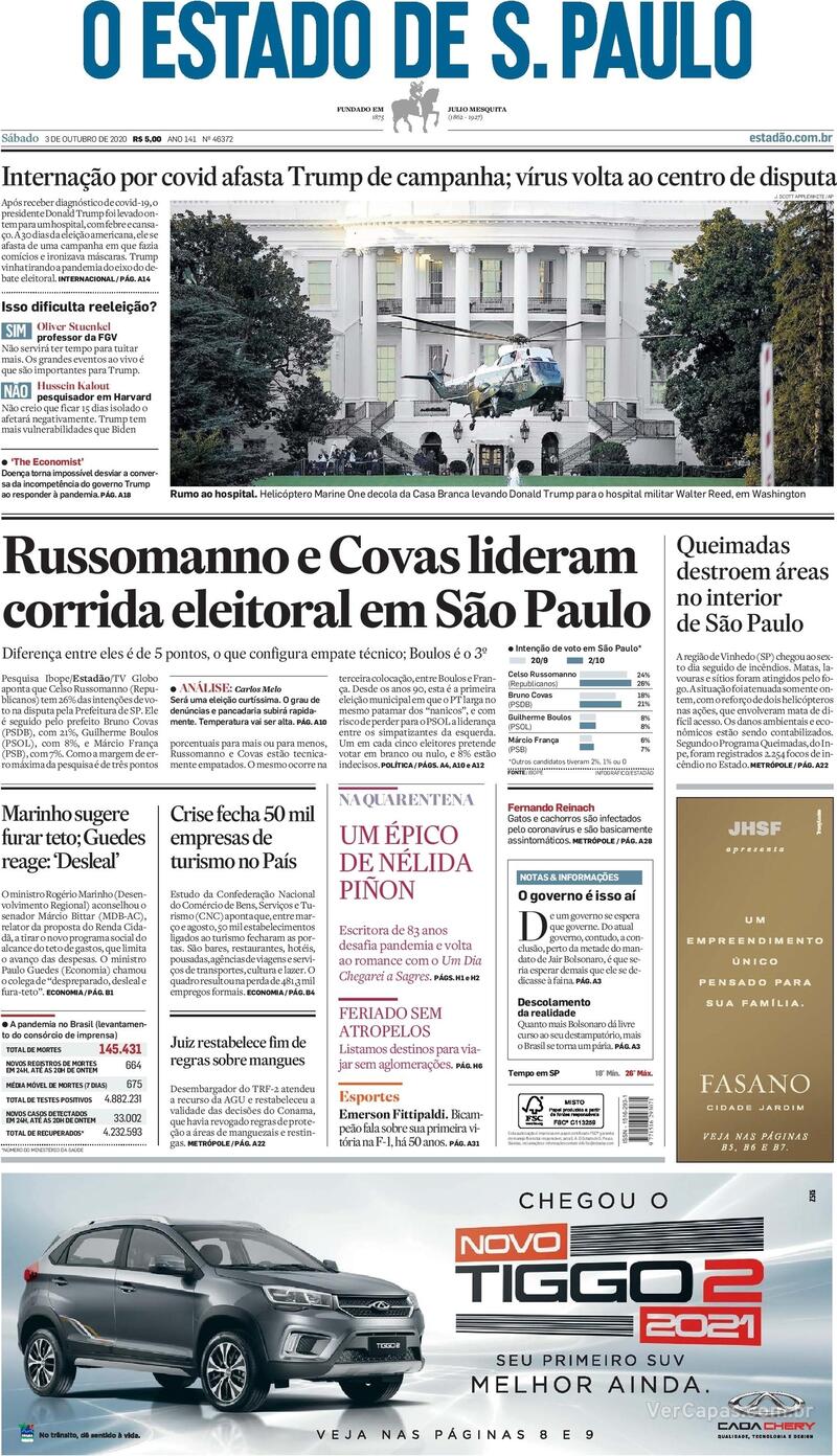 Capa do jornal O Estado de Sao Paulo 03/10/2020
