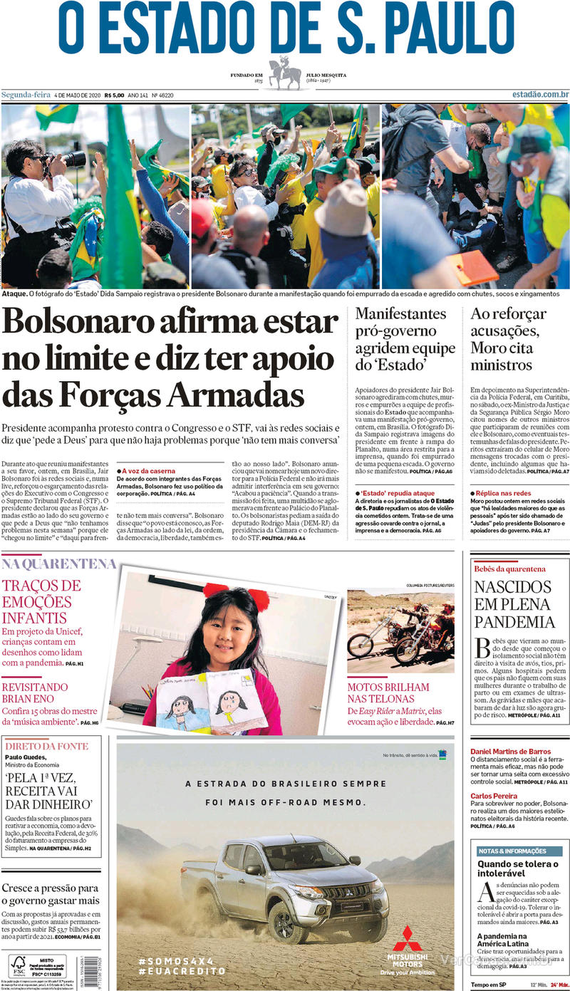 Capa do jornal O Estado de Sao Paulo 04/05/2020