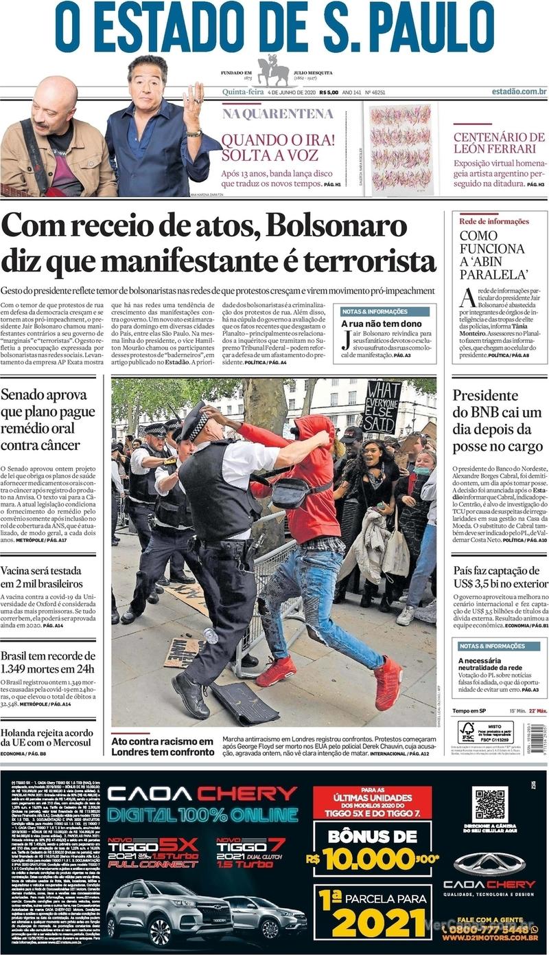 Capa do jornal O Estado de Sao Paulo 04/06/2020