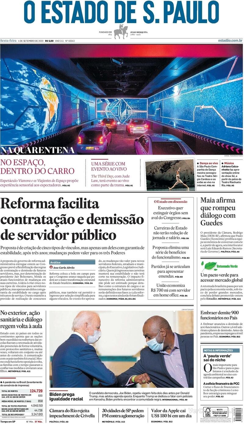 Capa do jornal O Estado de Sao Paulo 04/09/2020