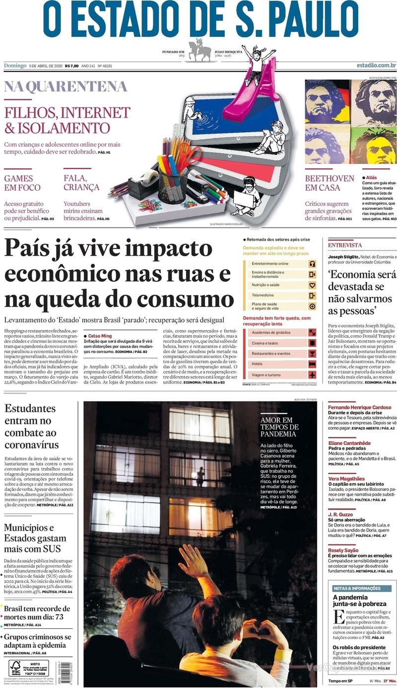 Capa do jornal O Estado de Sao Paulo 05/04/2020