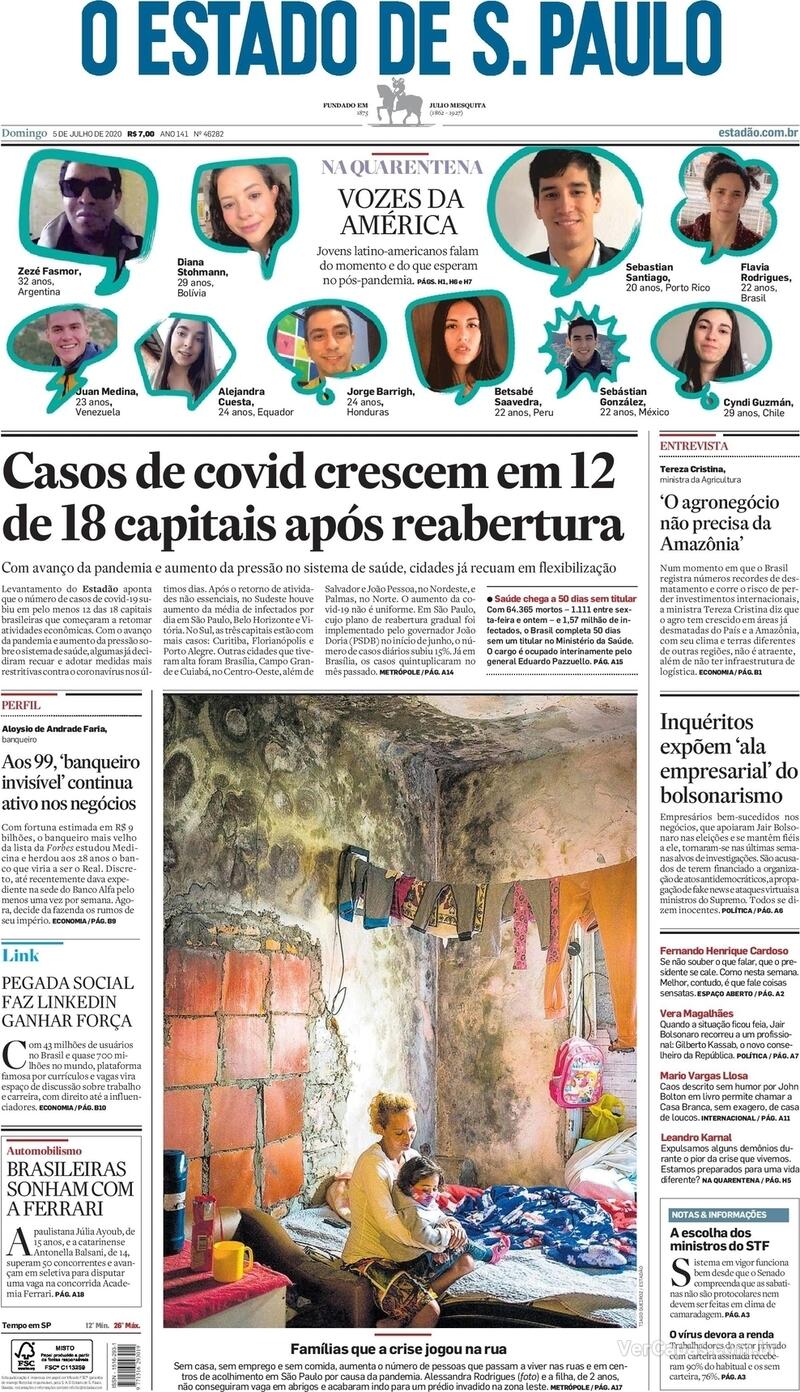 Capa do jornal O Estado de Sao Paulo 05/07/2020