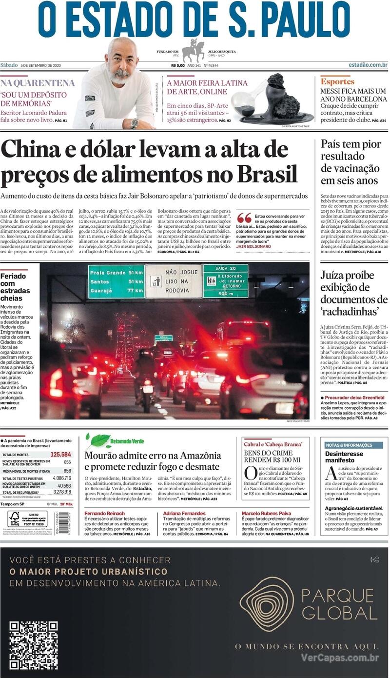 Capa do jornal O Estado de Sao Paulo 05/09/2020