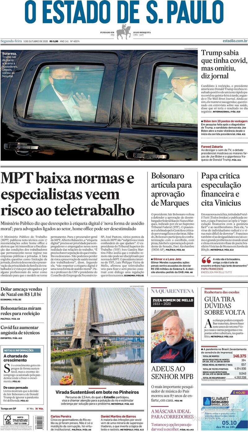 Capa do jornal O Estado de Sao Paulo 05/10/2020