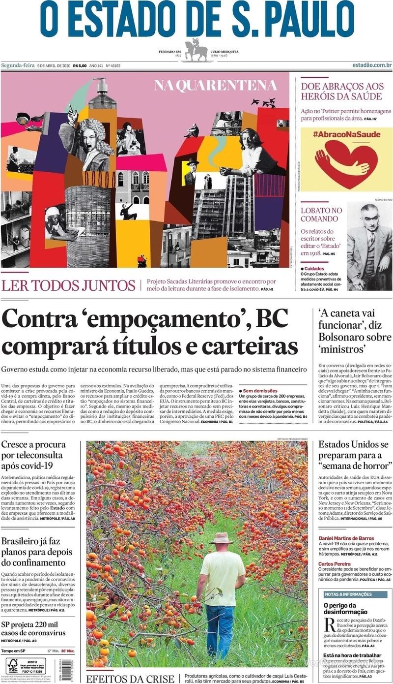 Capa do jornal O Estado de Sao Paulo 06/04/2020