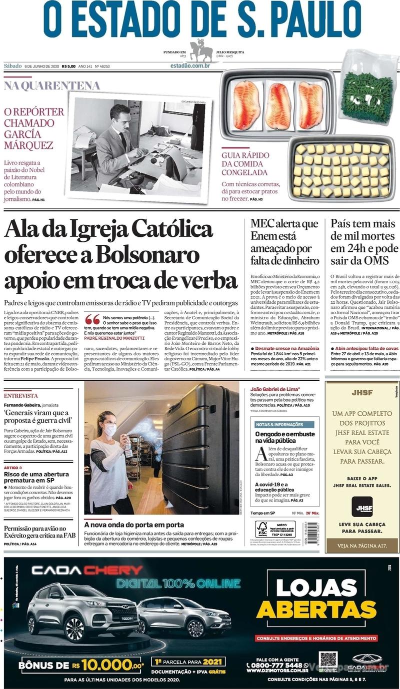 Capa do jornal O Estado de Sao Paulo 06/06/2020