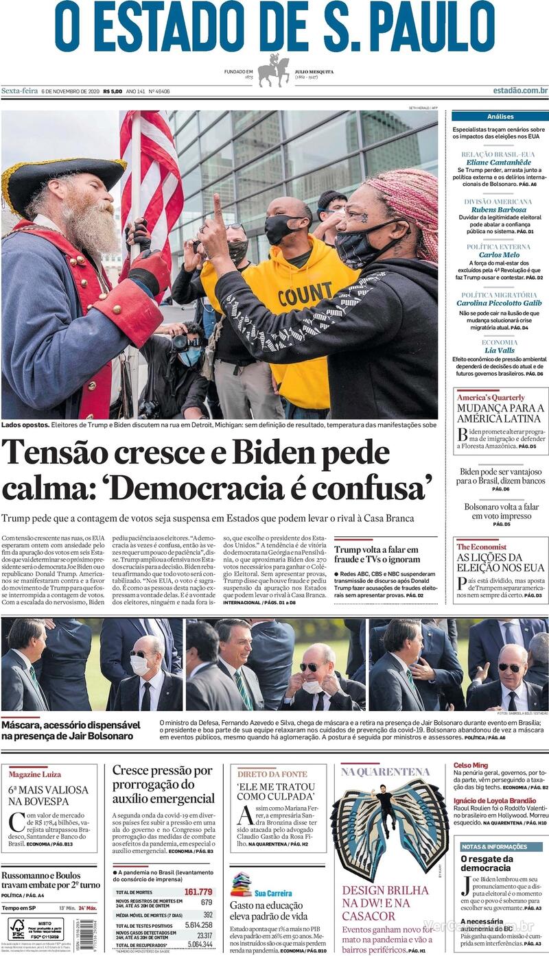 Capa do jornal O Estado de Sao Paulo 06/11/2020
