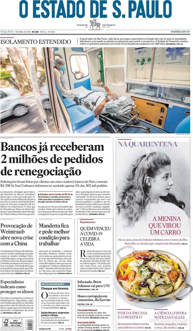 Capa do jornal O Estado de Sao Paulo 07/04/2020