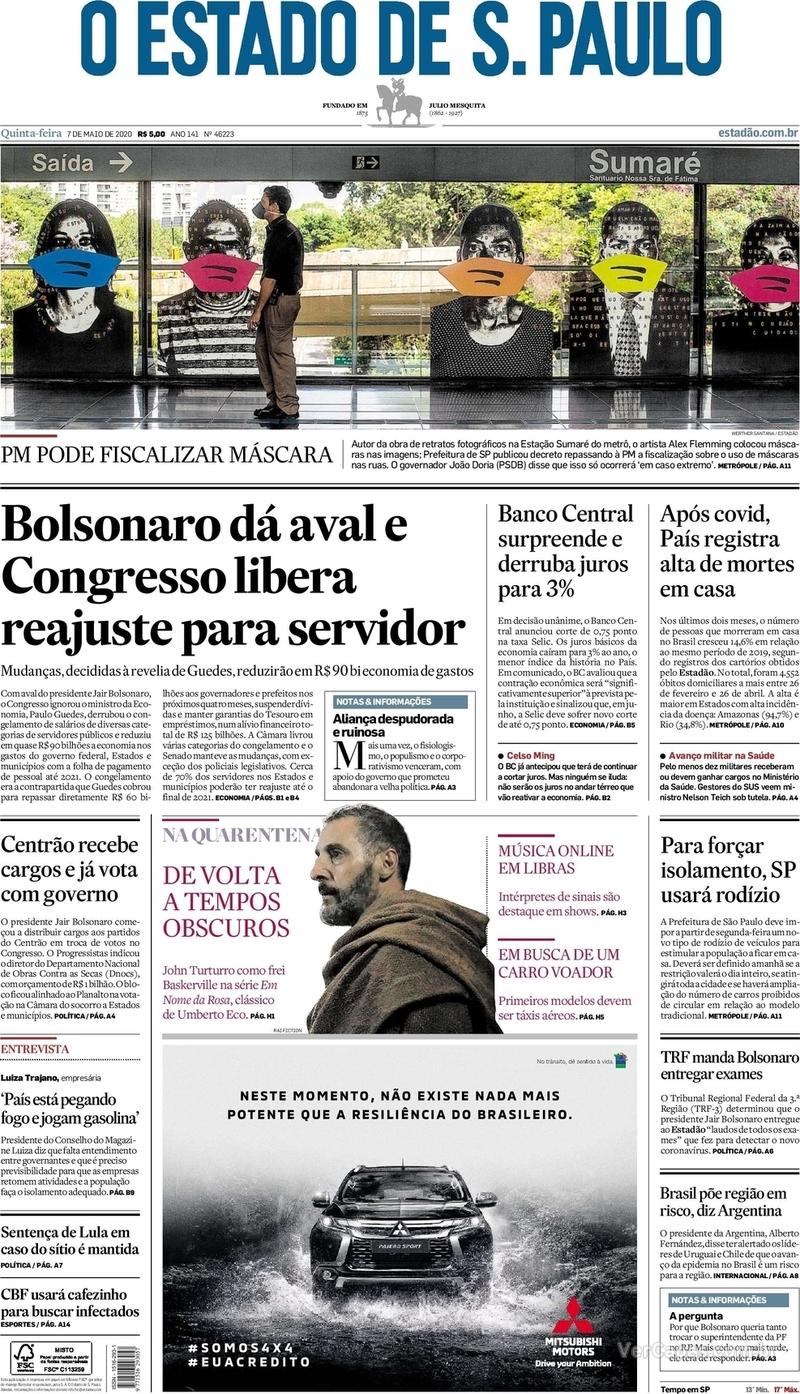 Capa do jornal O Estado de Sao Paulo 07/05/2020