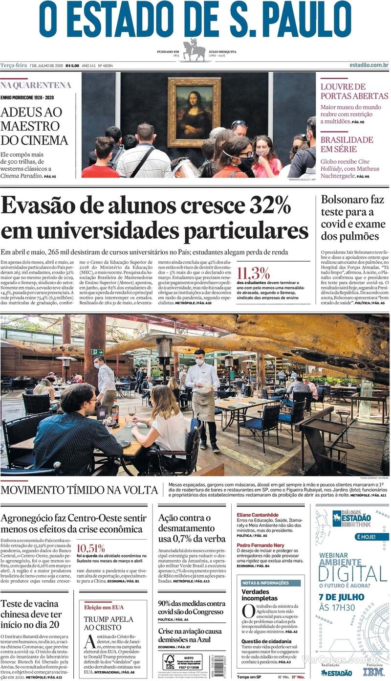 Capa do jornal O Estado de Sao Paulo 07/07/2020