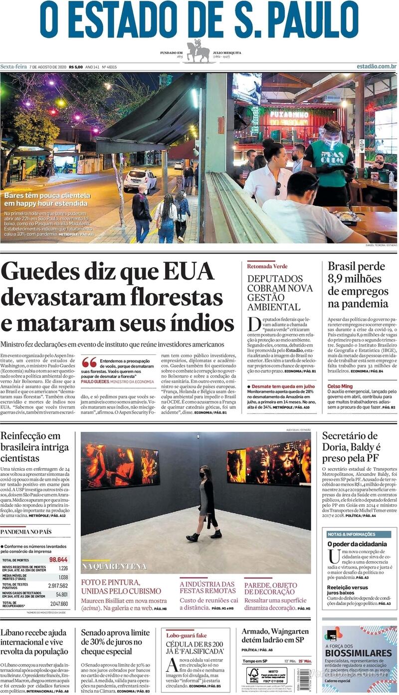 Capa do jornal O Estado de Sao Paulo 07/08/2020