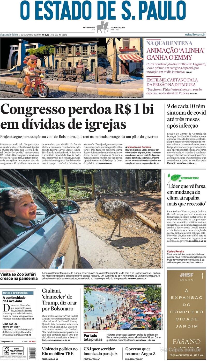 Capa do jornal O Estado de Sao Paulo 07/09/2020