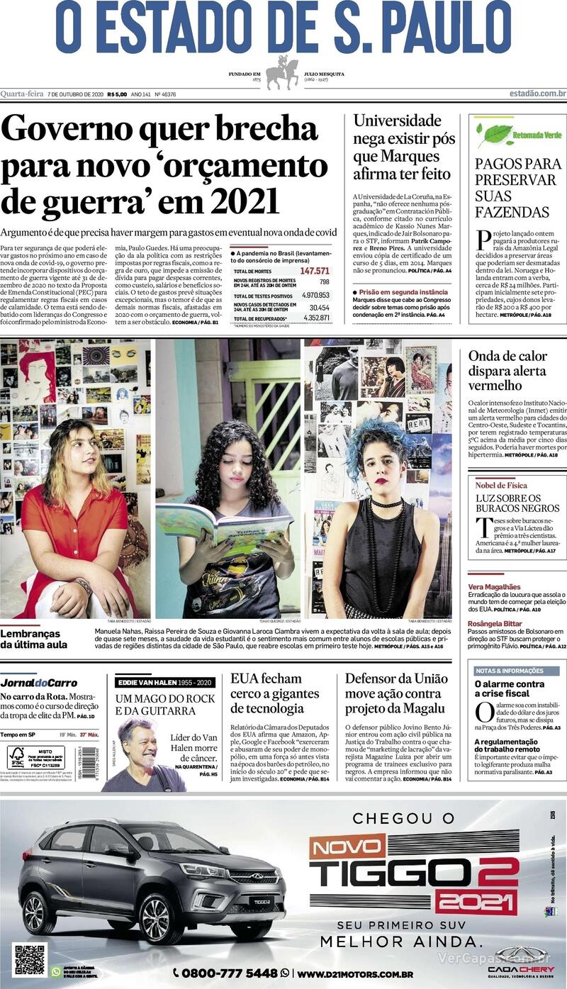 Capa do jornal O Estado de Sao Paulo 07/10/2020