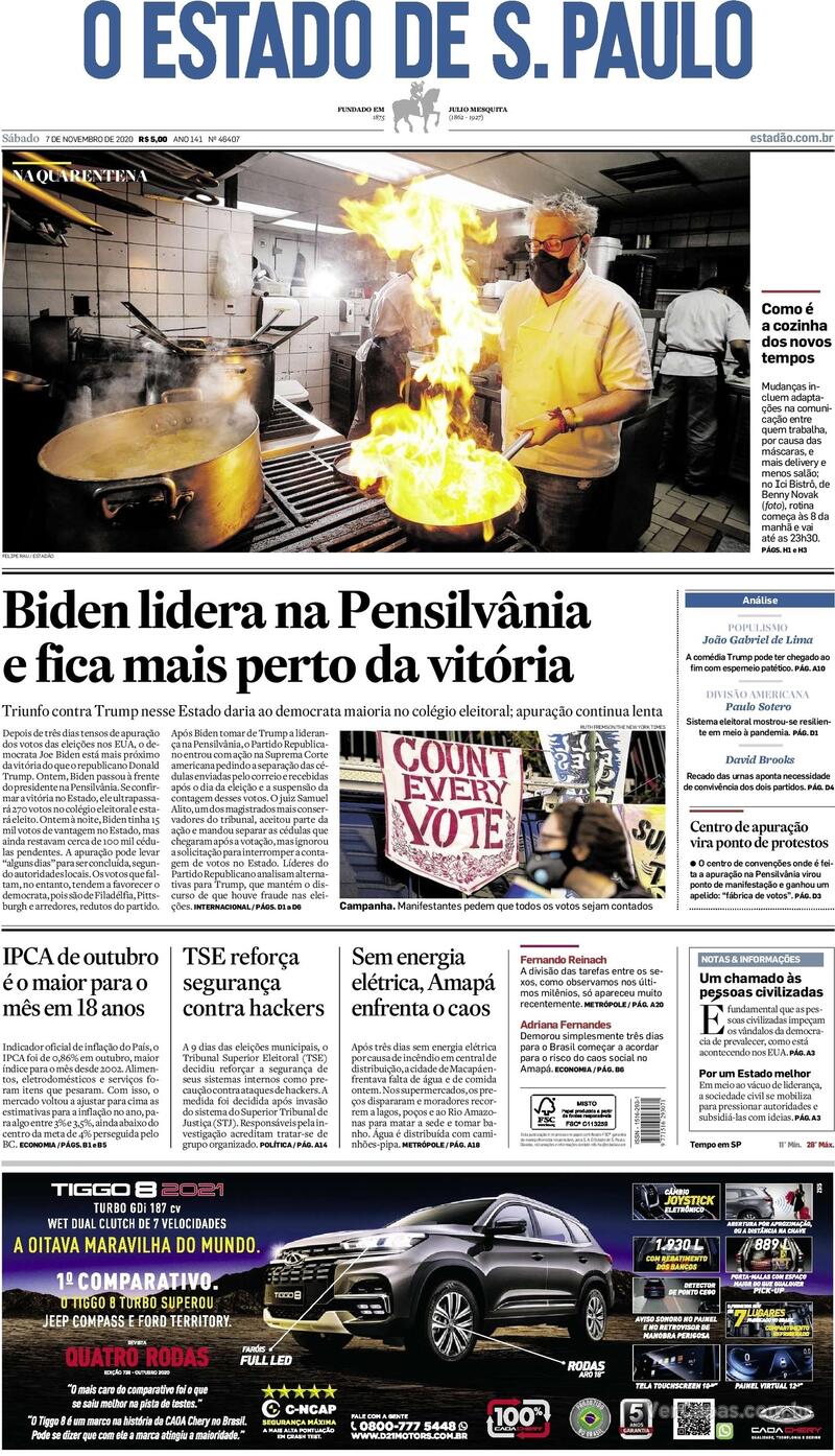 Capa do jornal O Estado de Sao Paulo 07/11/2020