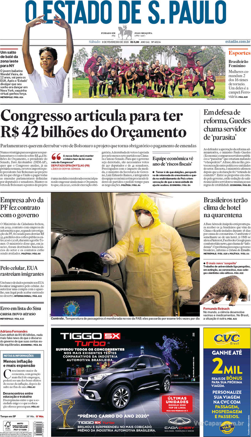 Capa jornal O Estado de Sao Paulo 08/02/2020