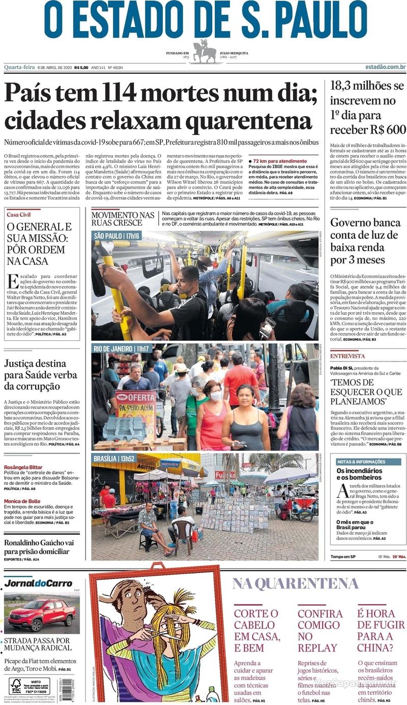 Capa do jornal O Estado de Sao Paulo 08/04/2020