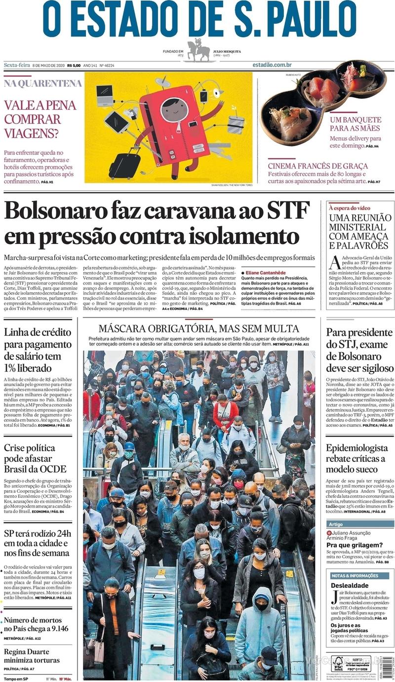 Capa do jornal O Estado de Sao Paulo 08/05/2020