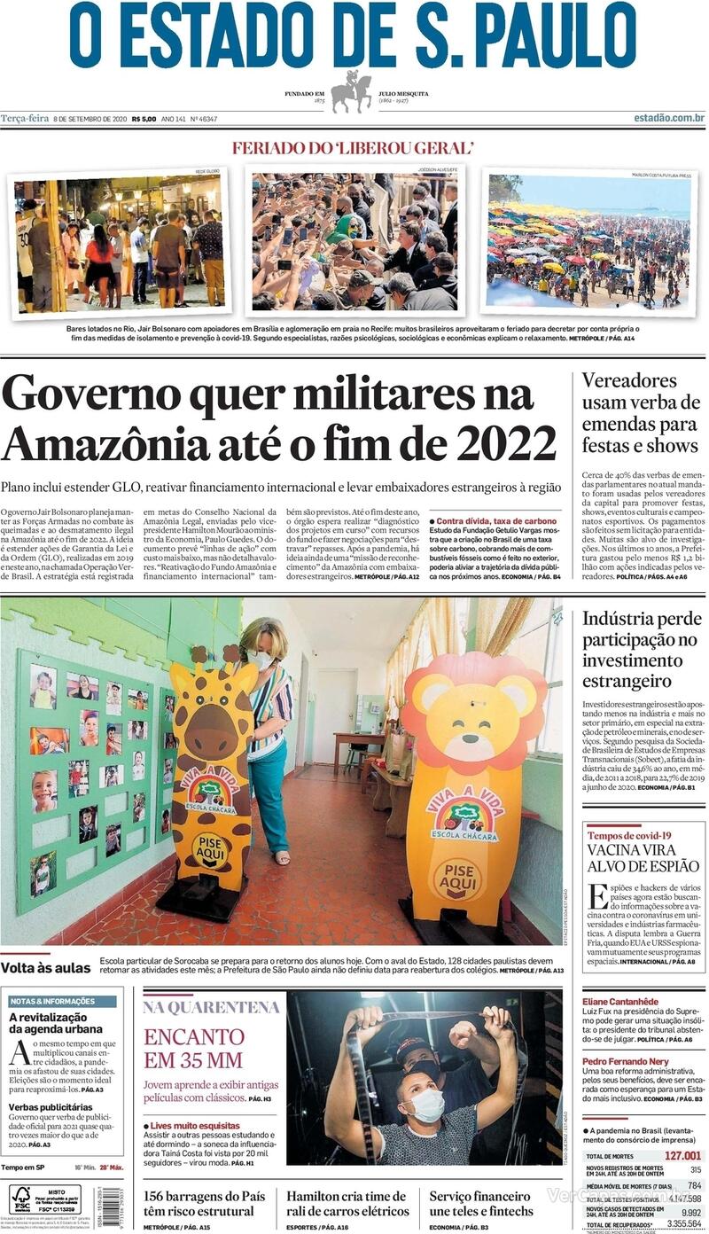 Capa do jornal O Estado de Sao Paulo 08/09/2020