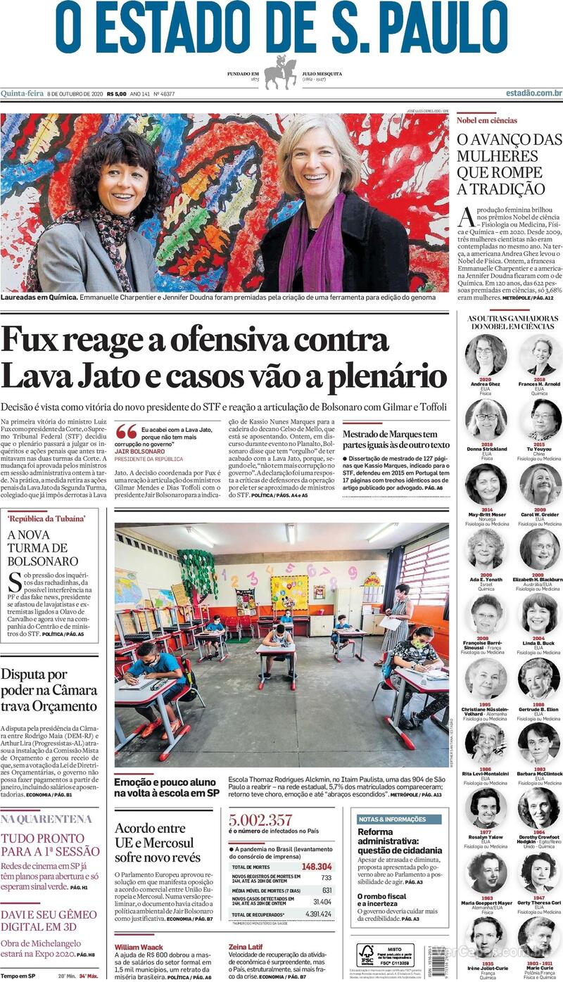 Capa do jornal O Estado de Sao Paulo 08/10/2020