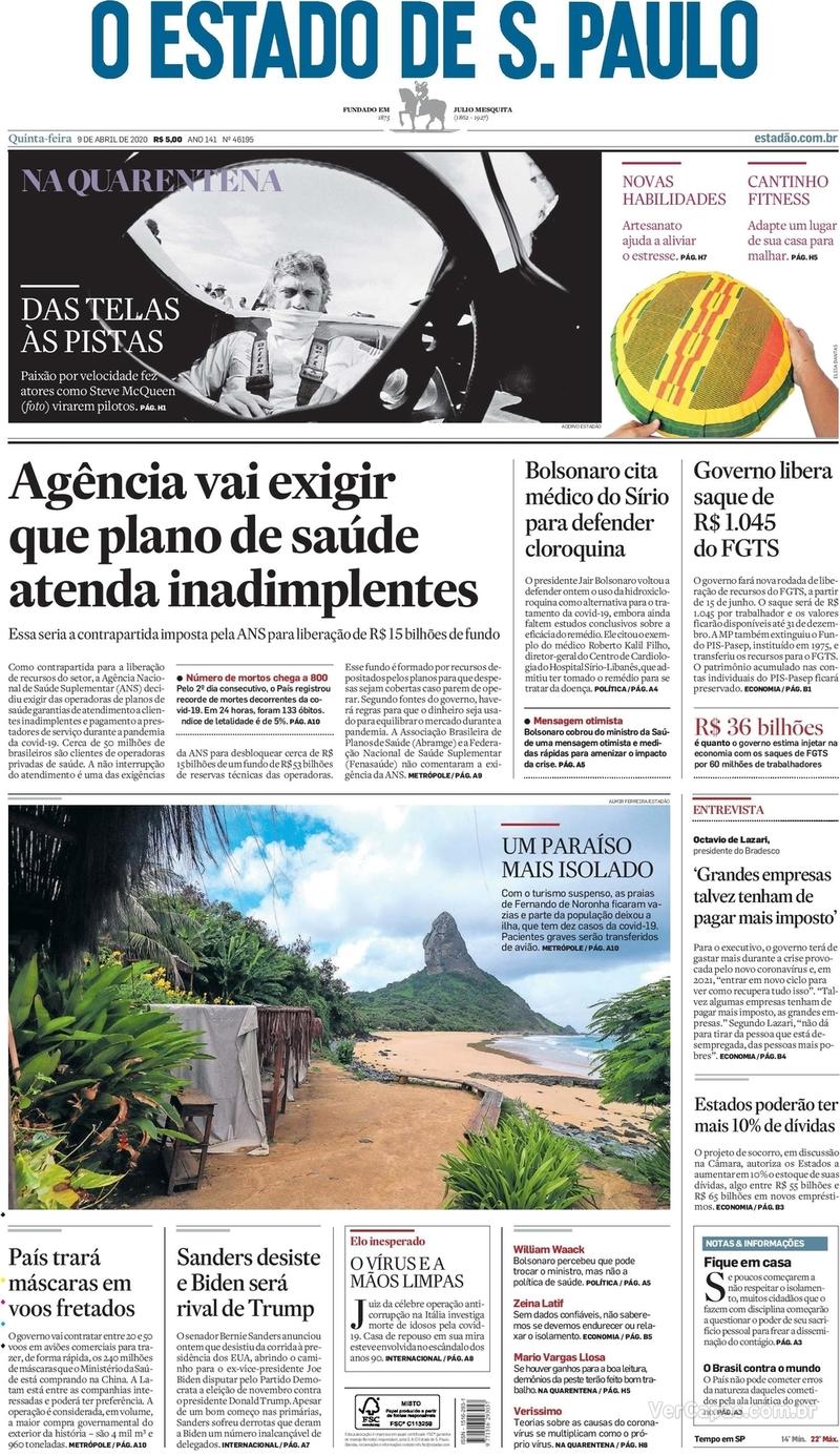 Capa do jornal O Estado de Sao Paulo 09/04/2020