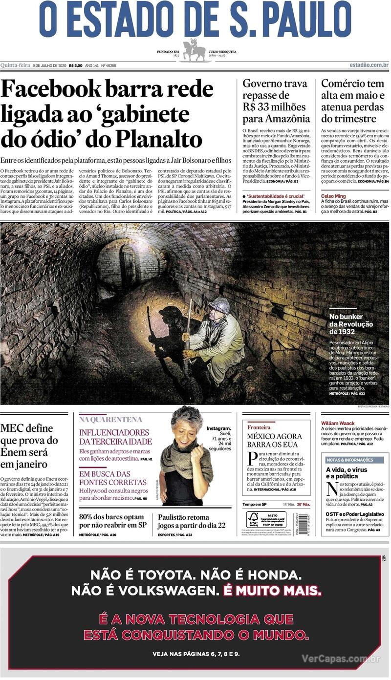 Capa do jornal O Estado de Sao Paulo 09/07/2020