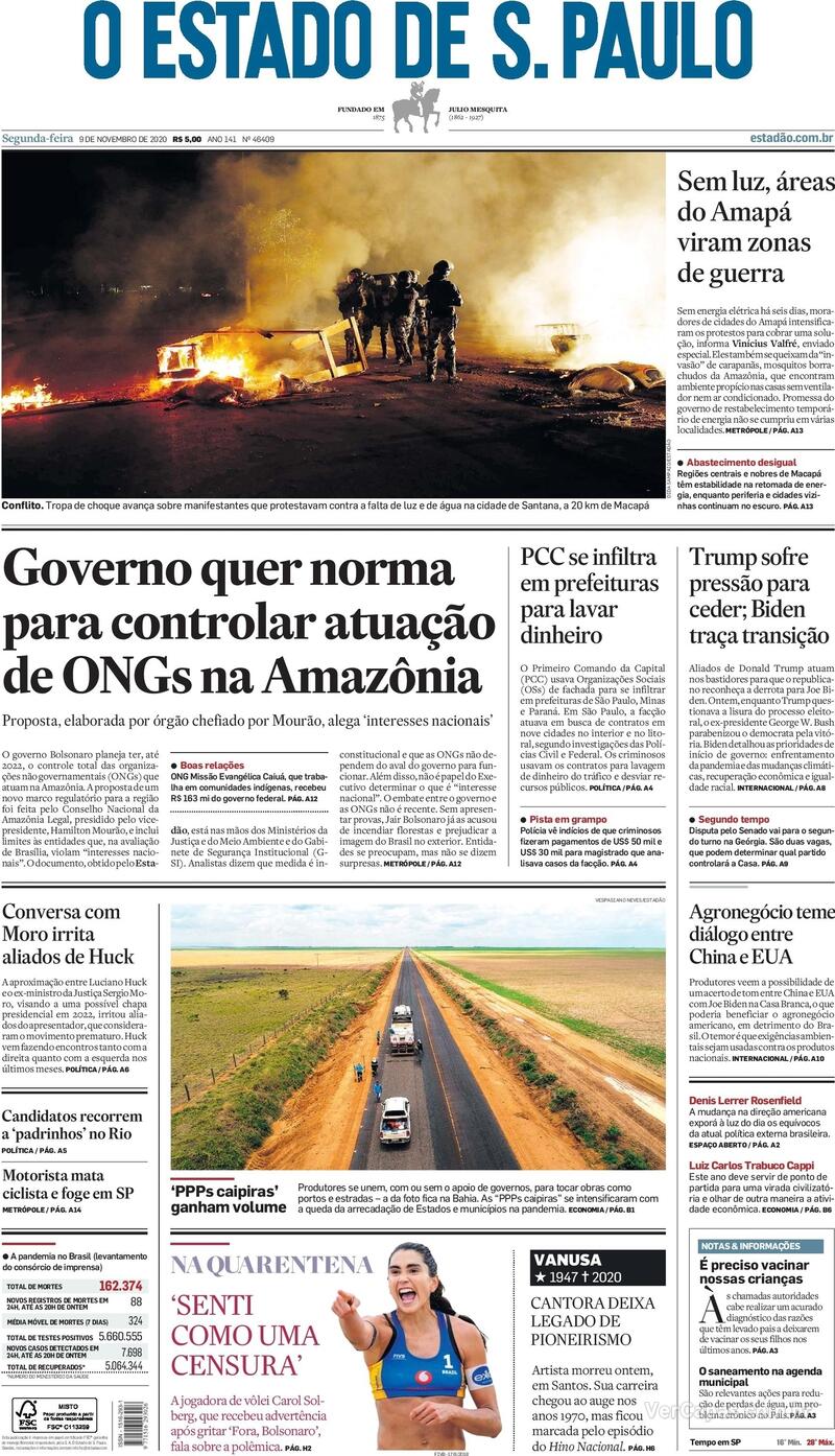 Capa do jornal O Estado de Sao Paulo 09/11/2020