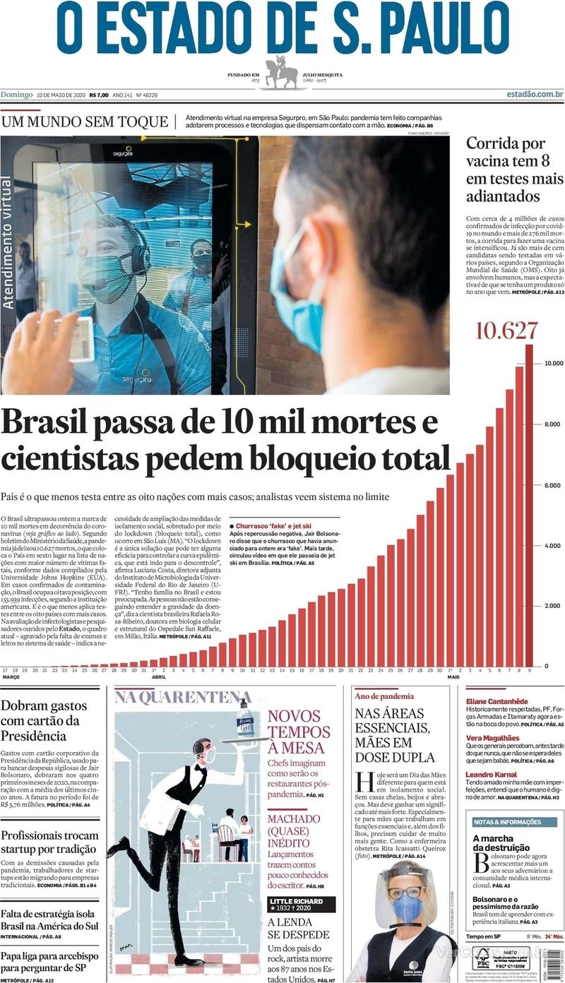 Capa do jornal O Estado de Sao Paulo 10/05/2020