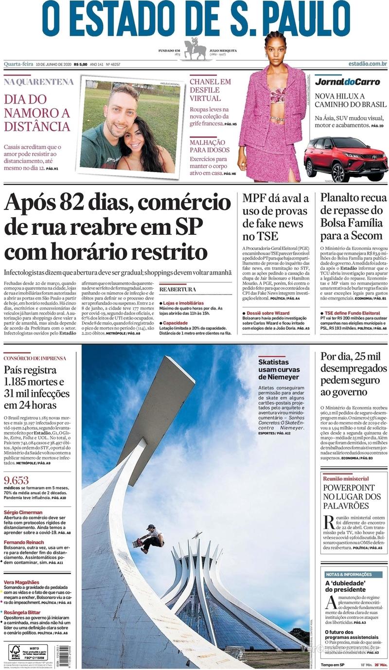 Capa do jornal O Estado de Sao Paulo 10/06/2020