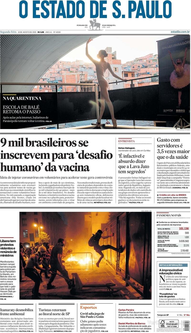 Capa do jornal O Estado de Sao Paulo 10/08/2020