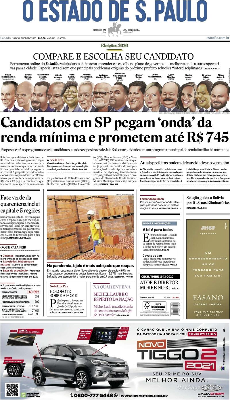 Capa do jornal O Estado de Sao Paulo 10/10/2020