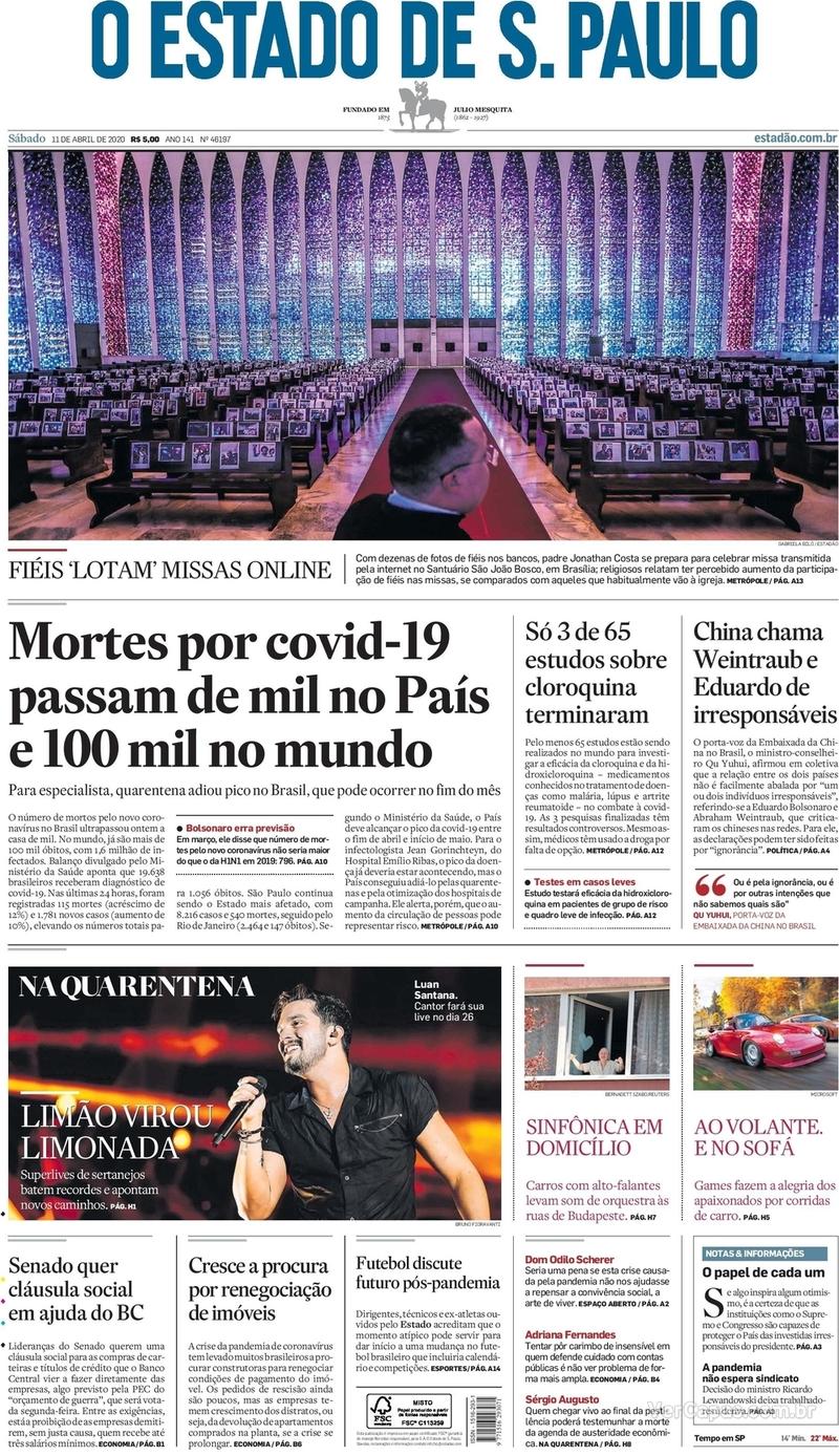 Capa do jornal O Estado de Sao Paulo 11/04/2020