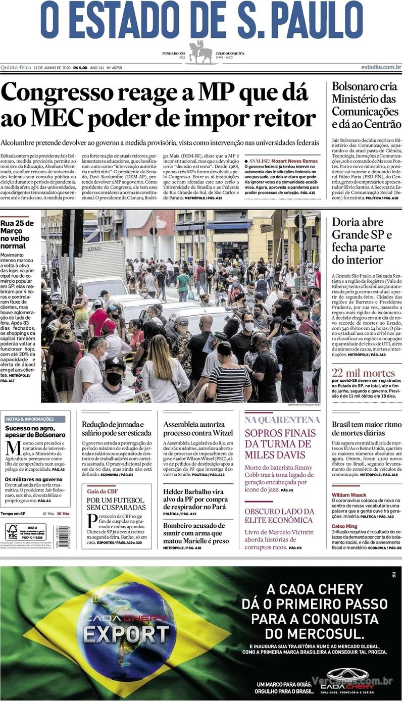 Capa do jornal O Estado de Sao Paulo 11/06/2020