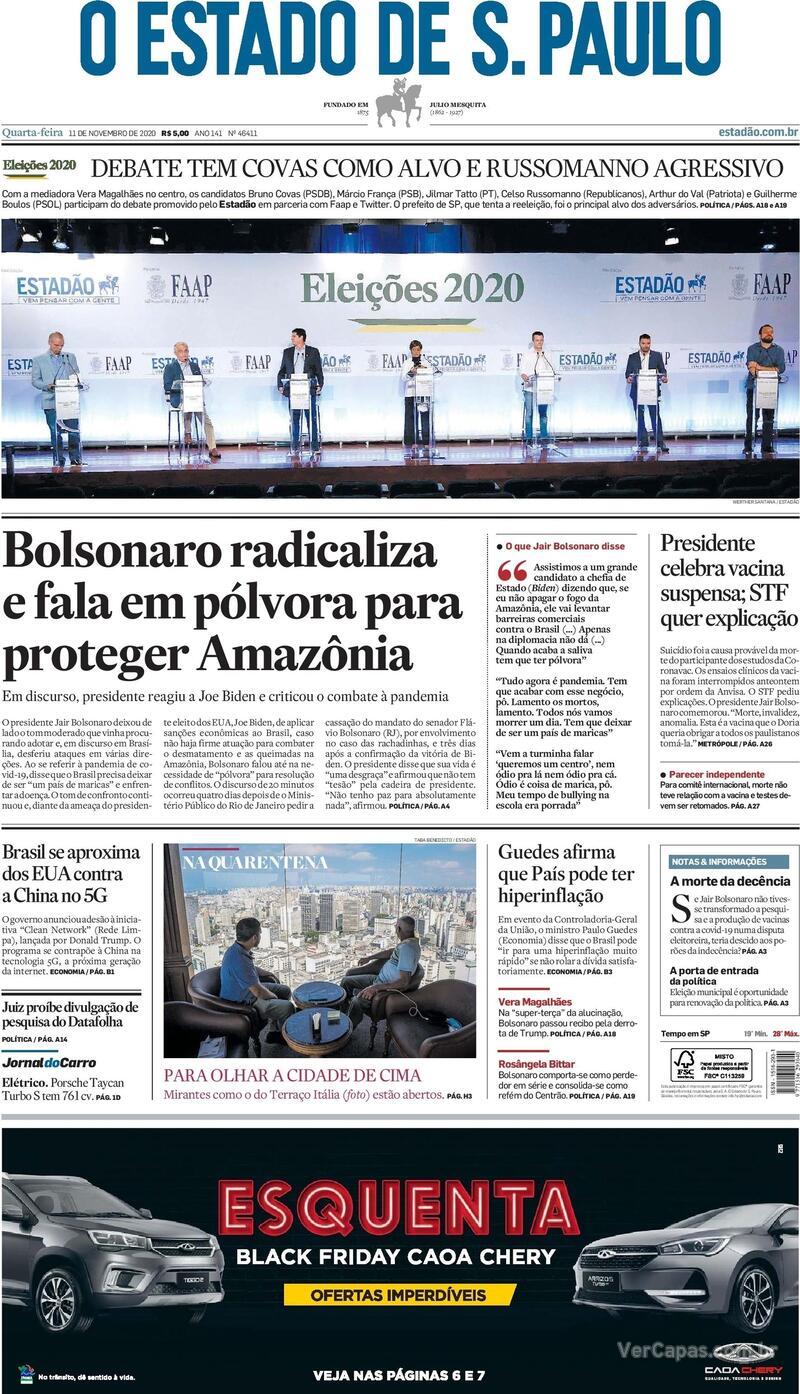 Capa do jornal O Estado de Sao Paulo 11/11/2020