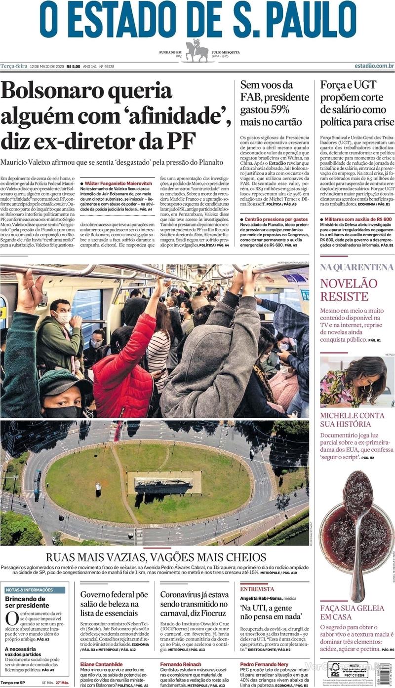 Capa do jornal O Estado de Sao Paulo 12/05/2020