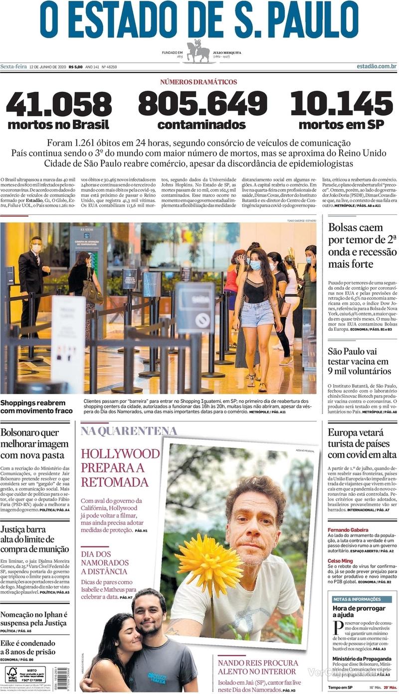 Capa do jornal O Estado de Sao Paulo 12/06/2020