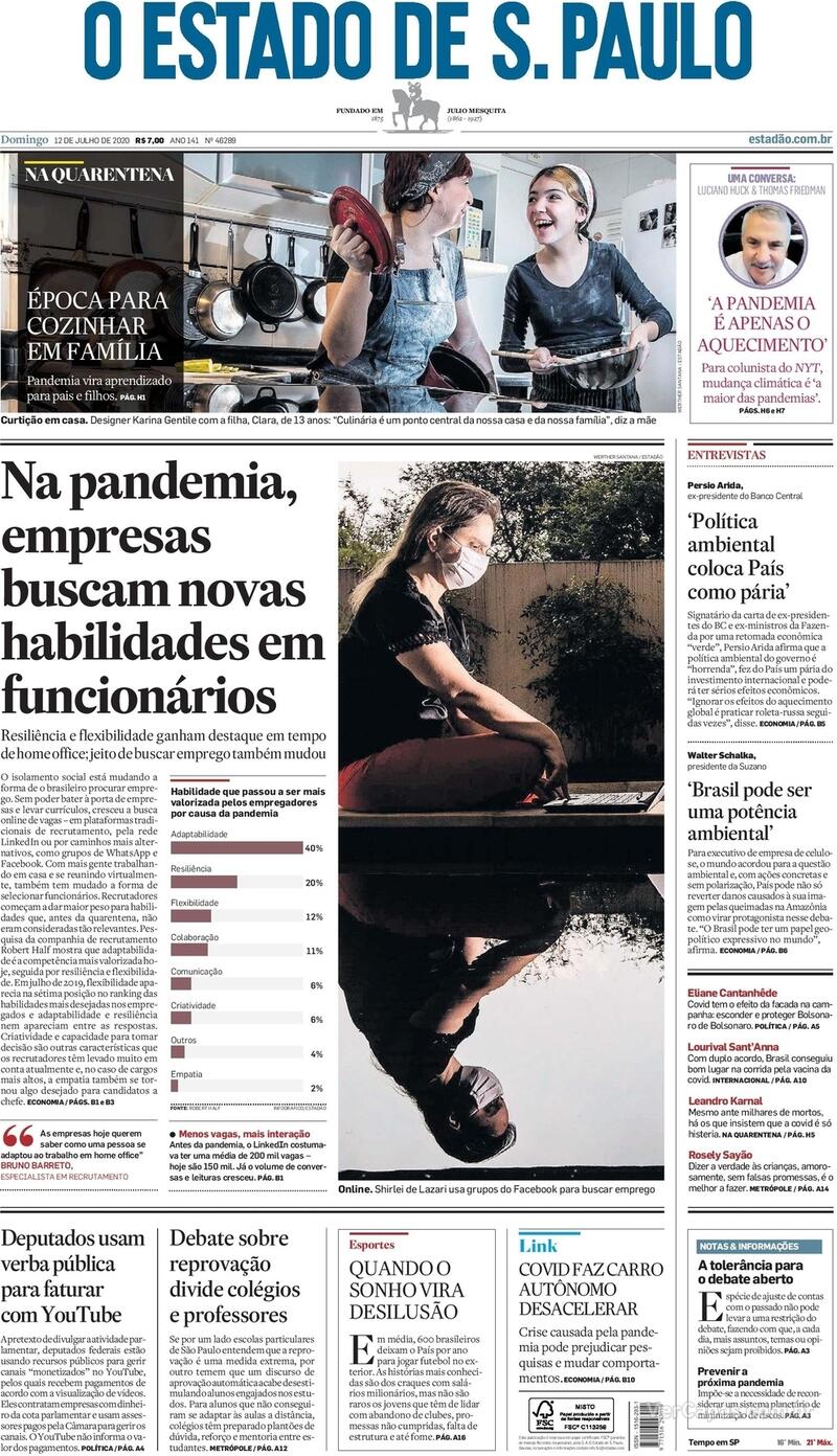 Capa do jornal O Estado de Sao Paulo 12/07/2020