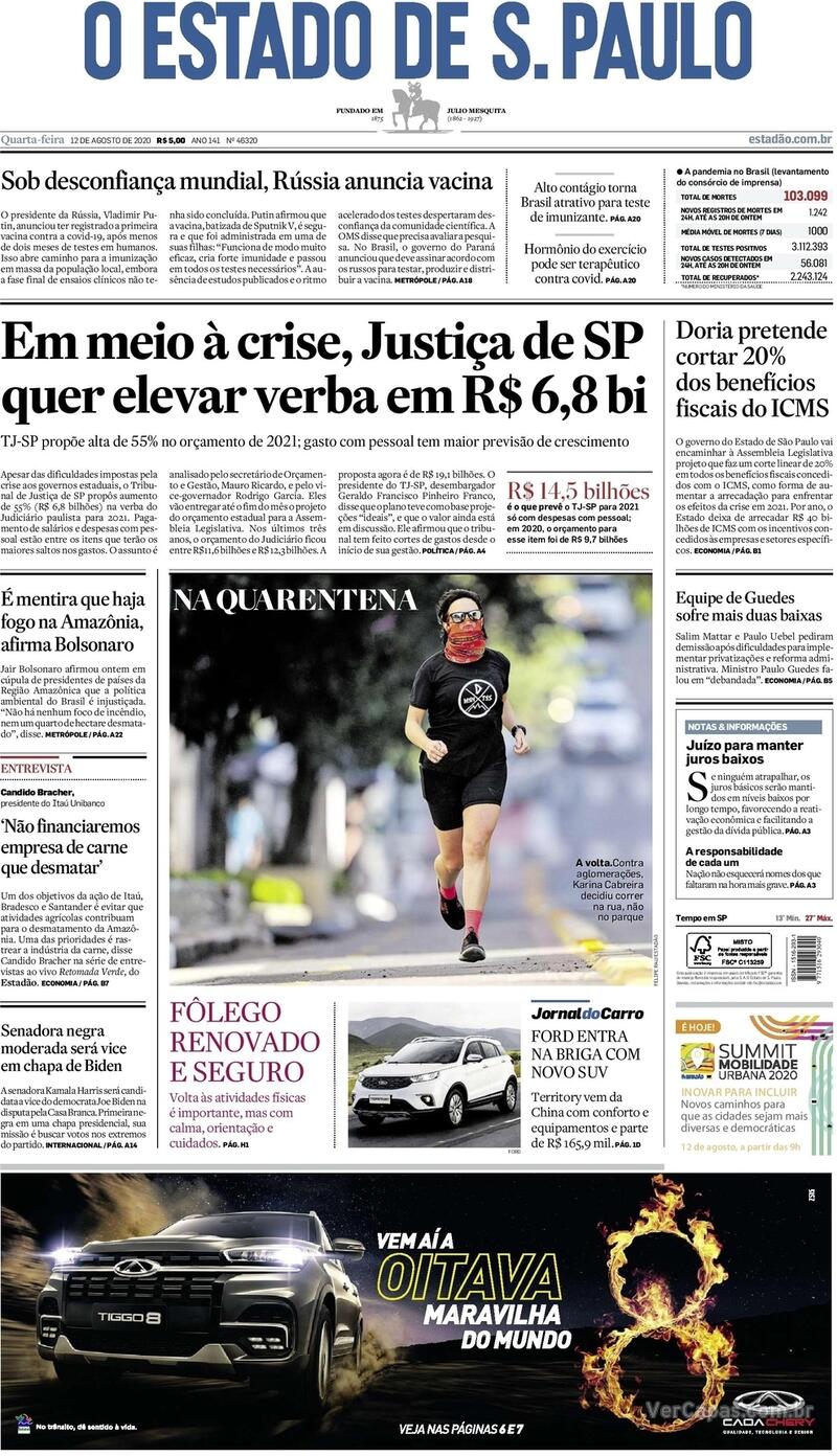 Capa do jornal O Estado de Sao Paulo 12/08/2020