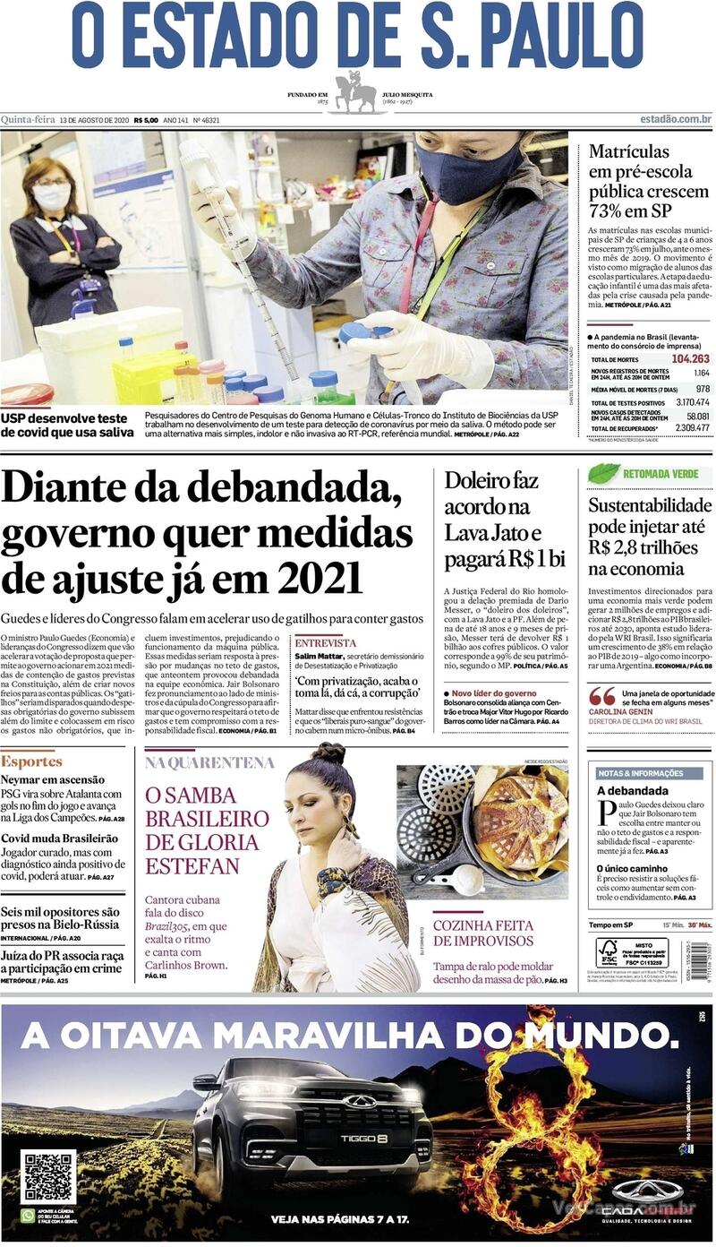 Capa do jornal O Estado de Sao Paulo 13/08/2020