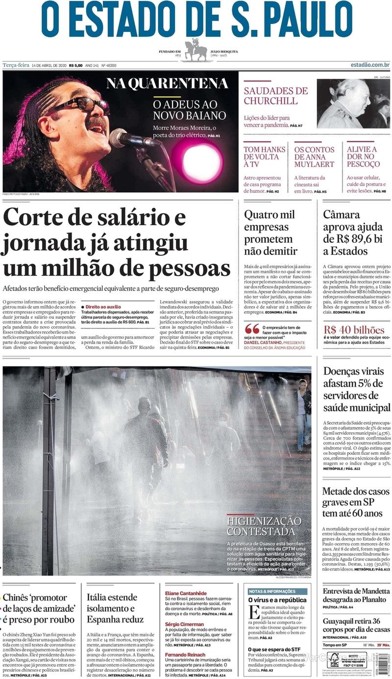 Capa do jornal O Estado de Sao Paulo 14/04/2020