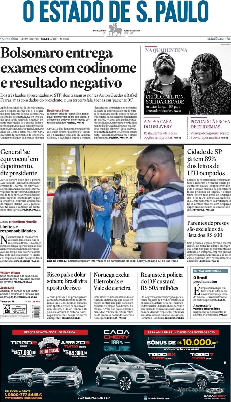 Capa do jornal O Estado de Sao Paulo 14/05/2020