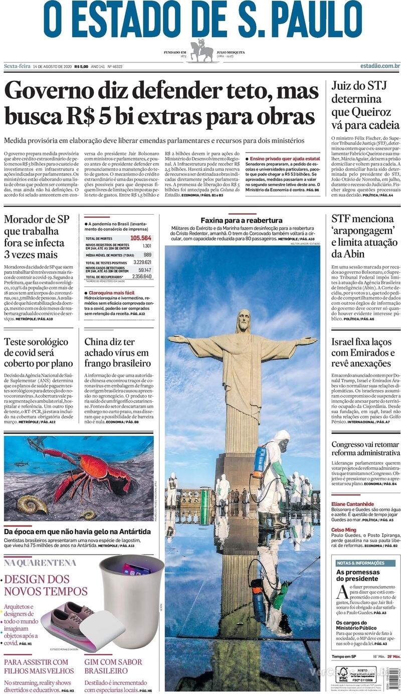 Capa do jornal O Estado de Sao Paulo 14/08/2020