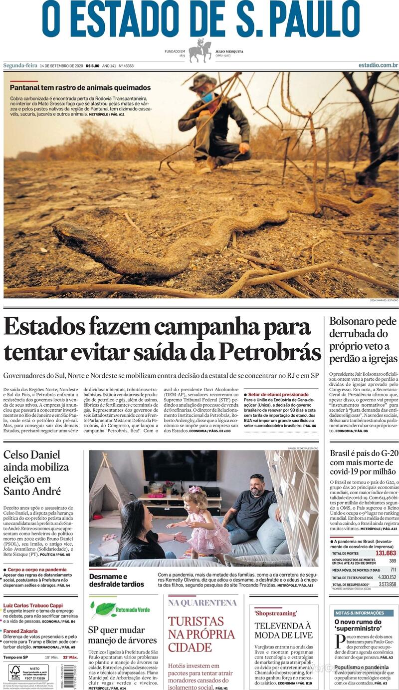 Capa do jornal O Estado de Sao Paulo 14/09/2020